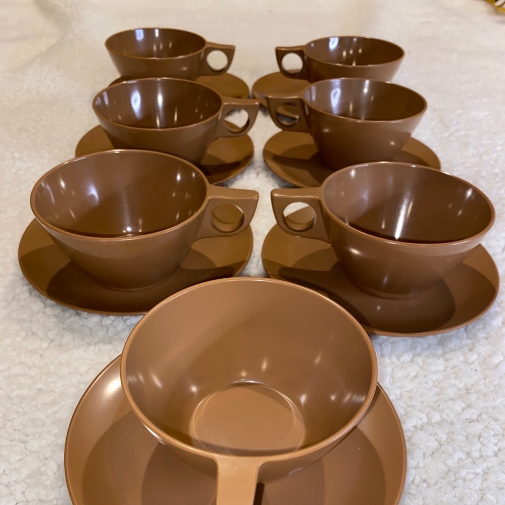 Retro Mid Century Modern Melamine Coffee Cups and Saucers Chocolate Brown